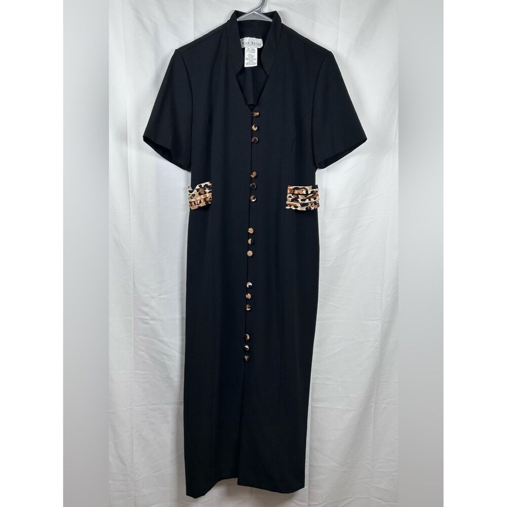 Miss Dorby Black Leopard Shirt Midi Dress Size 14 Crepe Textured